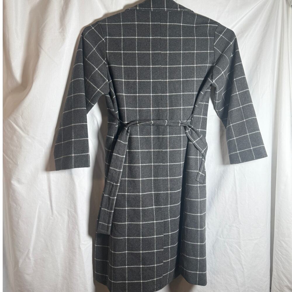 A New Day Plaid Long Coat Large Gray Windowpane Belted Double Breasted - Picture 2 of 4